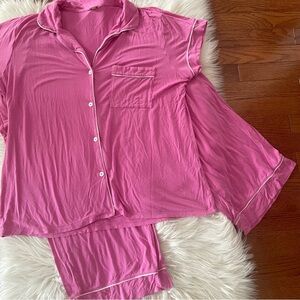 Eberjey Pink Pajama Set Short Sleeve Button Up Top and Pull on Cropped Pants XL